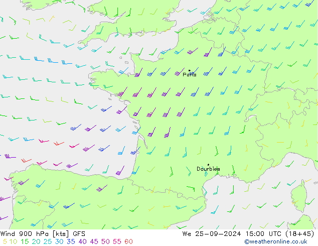 Vento 900 hPa GFS mer 25.09.2024 15 UTC