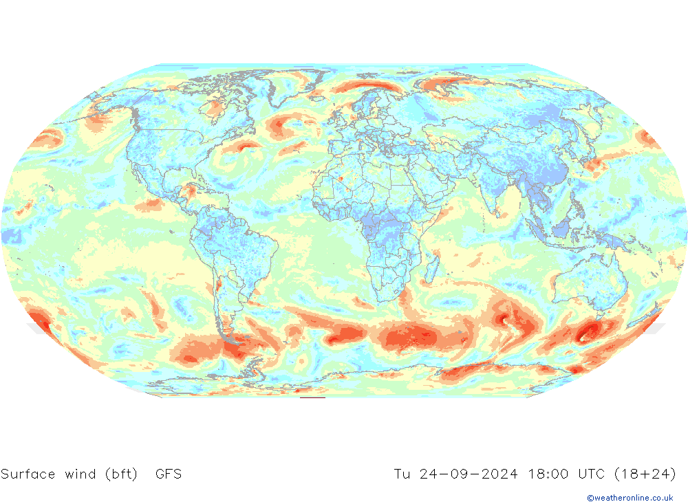 wiatr 10 m (bft) GFS wto. 24.09.2024 18 UTC