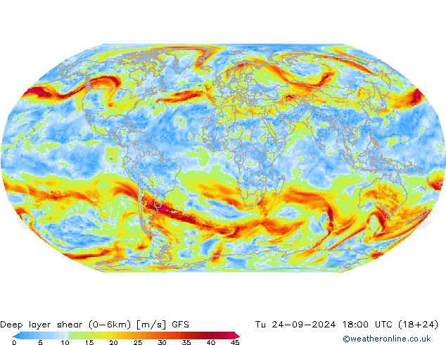 Deep layer shear (0-6km) GFS Ter 24.09.2024 18 UTC