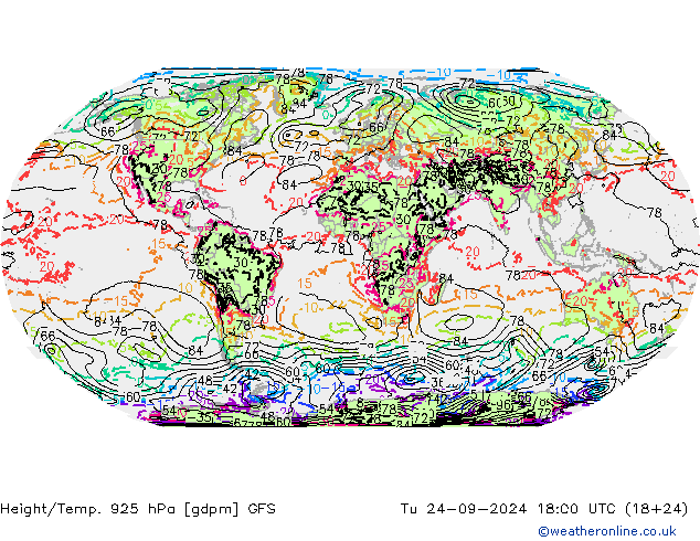 Height/Temp. 925 гПа GFS вт 24.09.2024 18 UTC