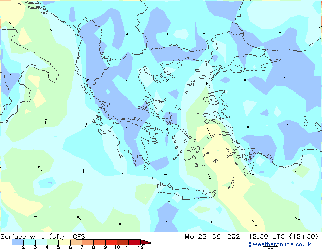 Surface wind (bft) GFS Mo 23.09.2024 18 UTC