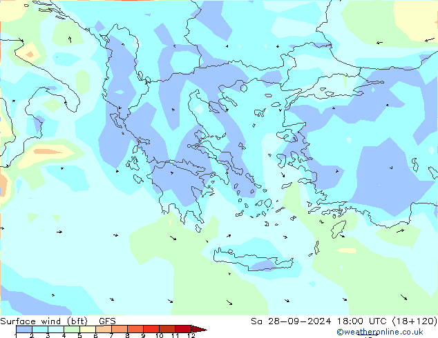 Surface wind (bft) GFS So 28.09.2024 18 UTC