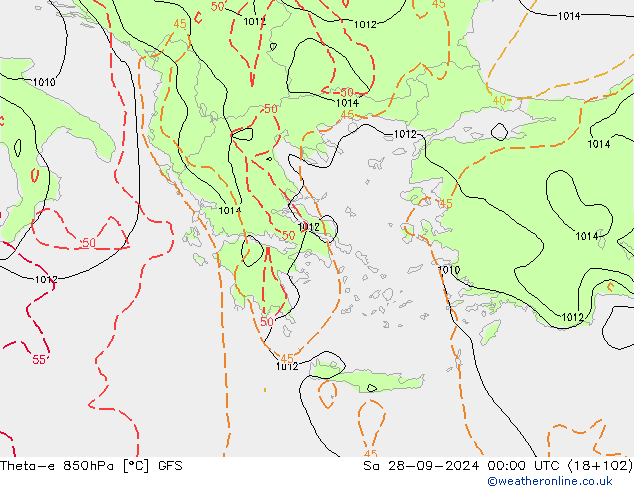 Theta-e 850hPa GFS Sáb 28.09.2024 00 UTC