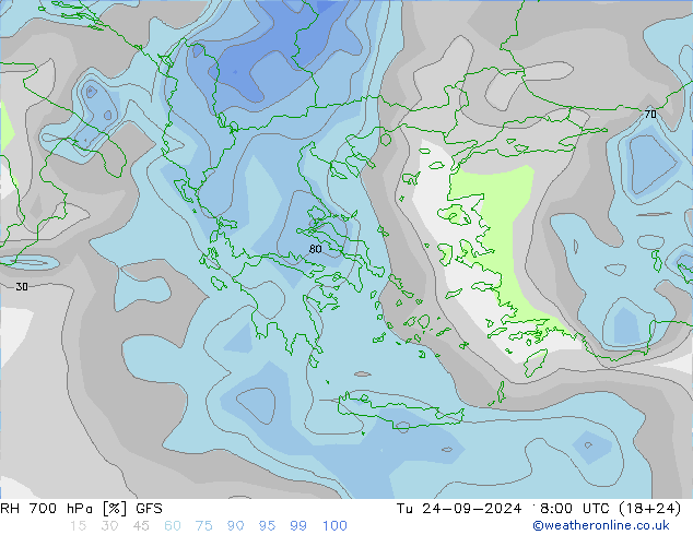 Humidité rel. 700 hPa GFS mar 24.09.2024 18 UTC