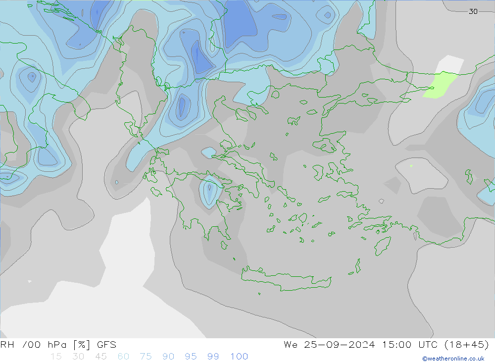 Humidité rel. 700 hPa GFS mer 25.09.2024 15 UTC