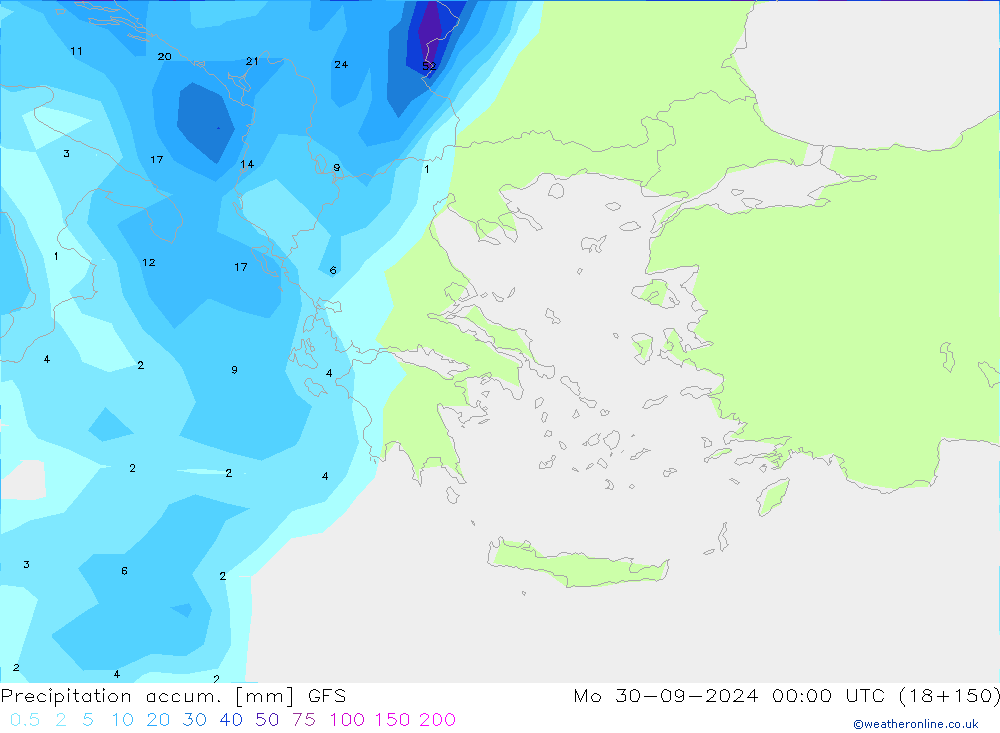 Precipitation accum. GFS Mo 30.09.2024 00 UTC