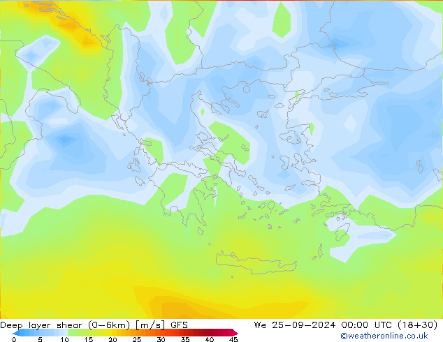 Deep layer shear (0-6km) GFS mié 25.09.2024 00 UTC