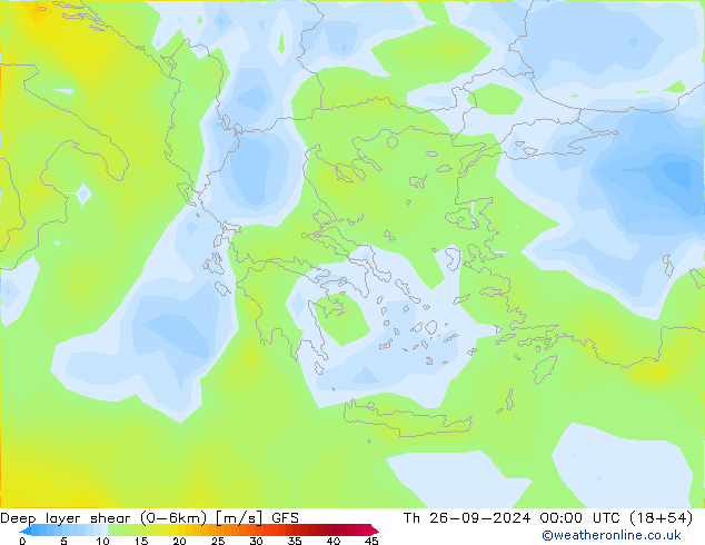 Deep layer shear (0-6km) GFS do 26.09.2024 00 UTC