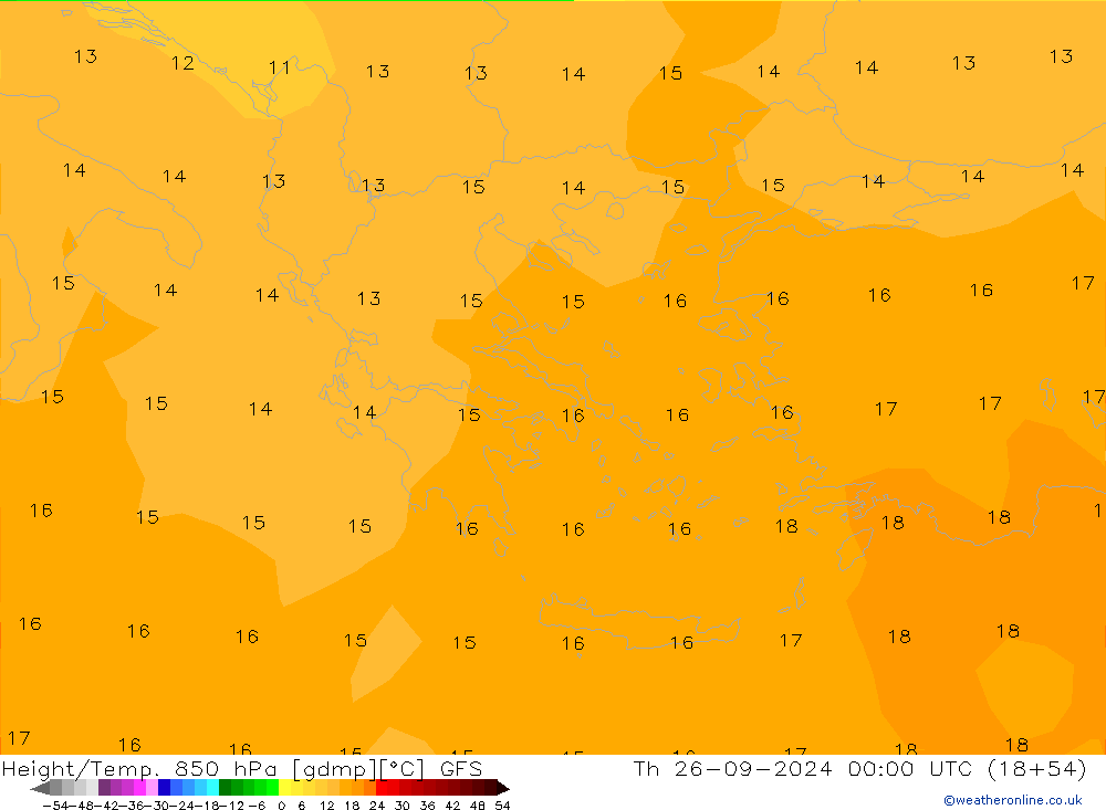 Height/Temp. 850 гПа GFS чт 26.09.2024 00 UTC
