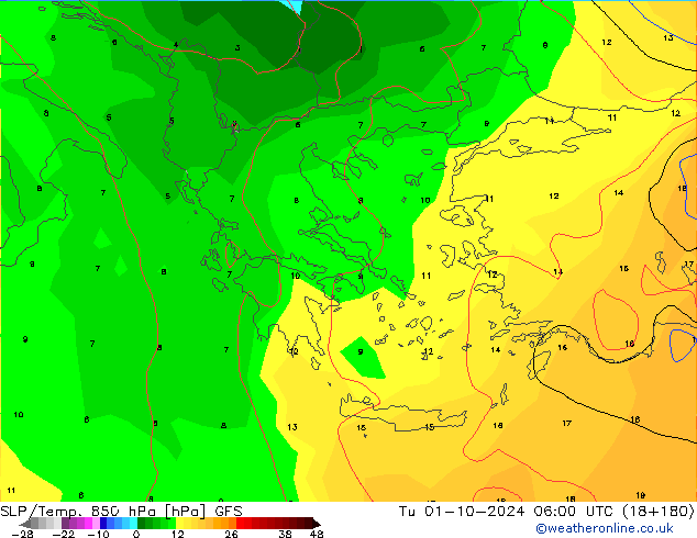 SLP/Temp. 850 hPa GFS mar 01.10.2024 06 UTC