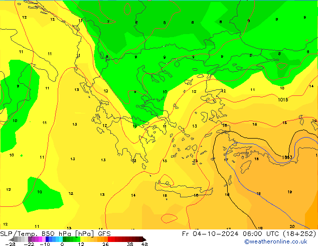 SLP/Temp. 850 hPa GFS ven 04.10.2024 06 UTC