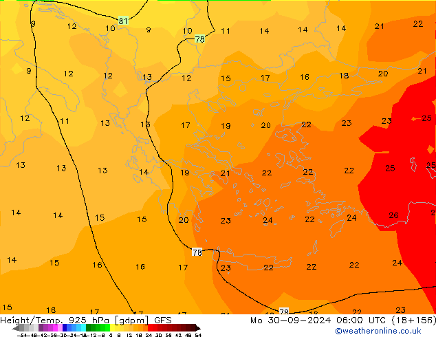 Height/Temp. 925 hPa GFS lun 30.09.2024 06 UTC
