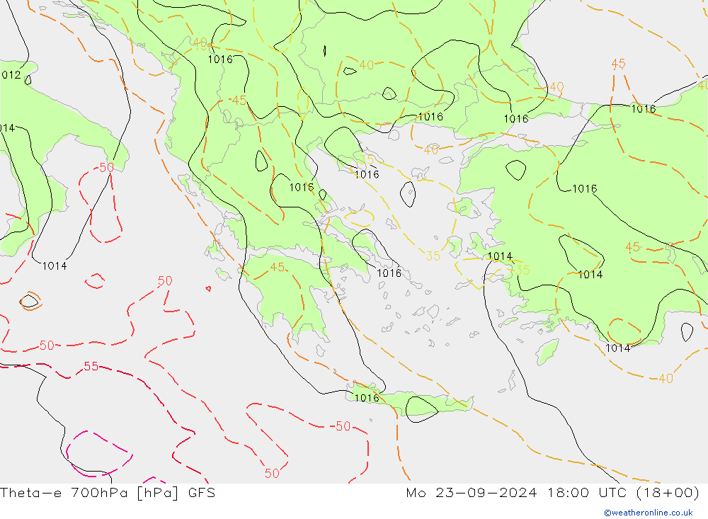 Theta-e 700hPa GFS lun 23.09.2024 18 UTC