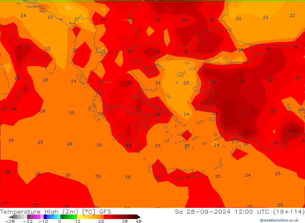 température 2m max GFS sam 28.09.2024 12 UTC