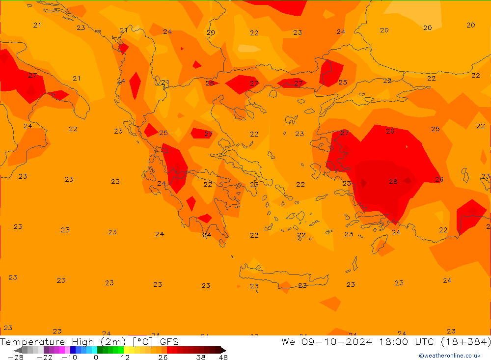 Max.temperatuur (2m) GFS wo 09.10.2024 18 UTC