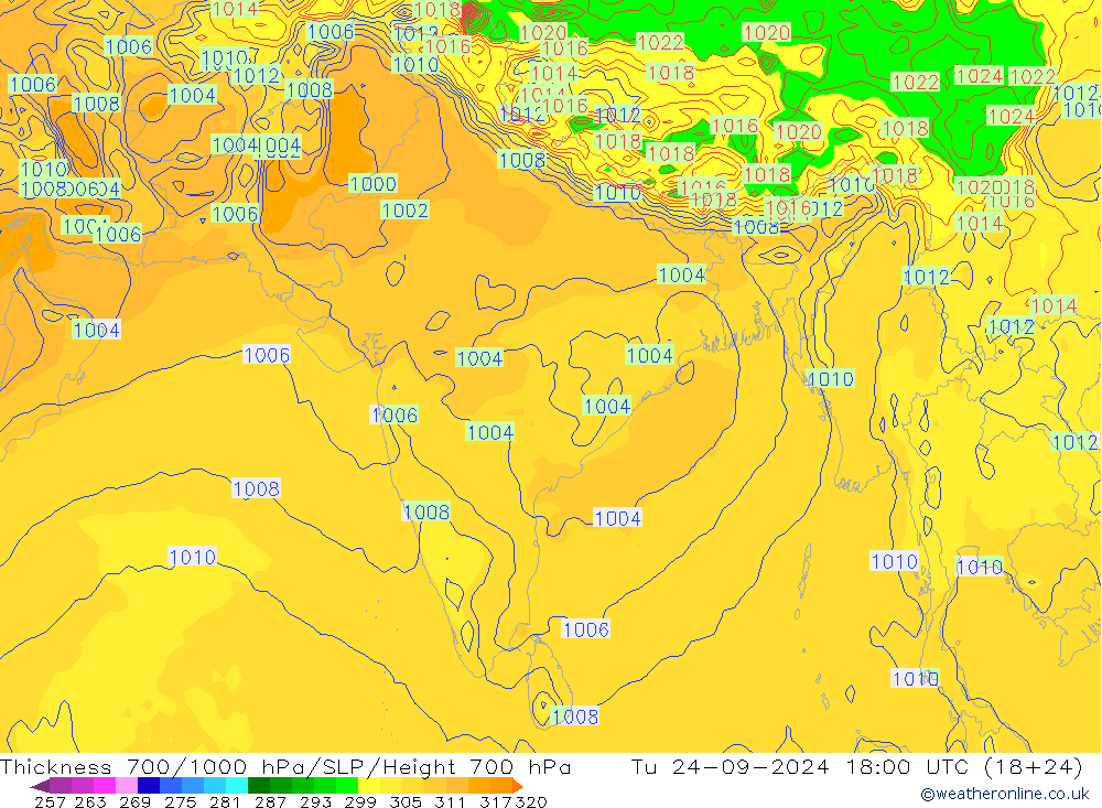 Thck 700-1000 hPa GFS Tu 24.09.2024 18 UTC