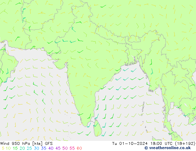 wiatr 950 hPa GFS wto. 01.10.2024 18 UTC