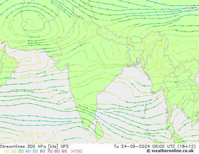 Streamlines 300 hPa GFS Tu 24.09.2024 06 UTC