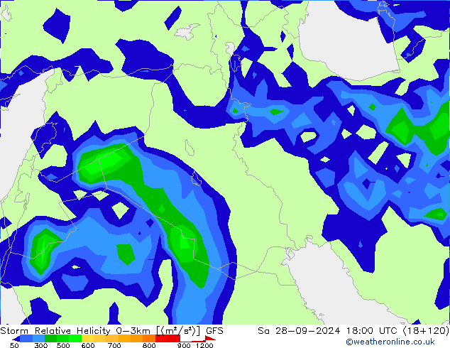 Storm Relative Helicity GFS Sa 28.09.2024 18 UTC