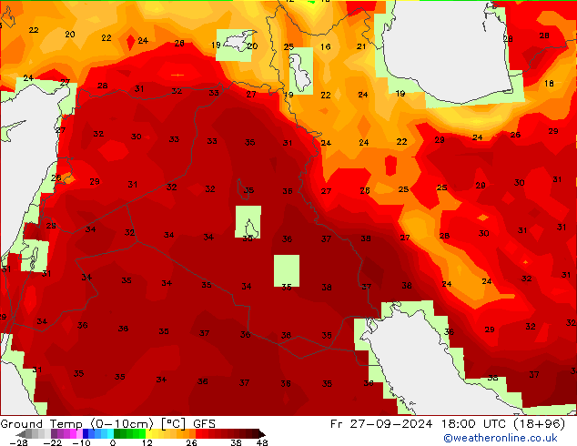 Temperatura del suelo (0-10cm) GFS vie 27.09.2024 18 UTC