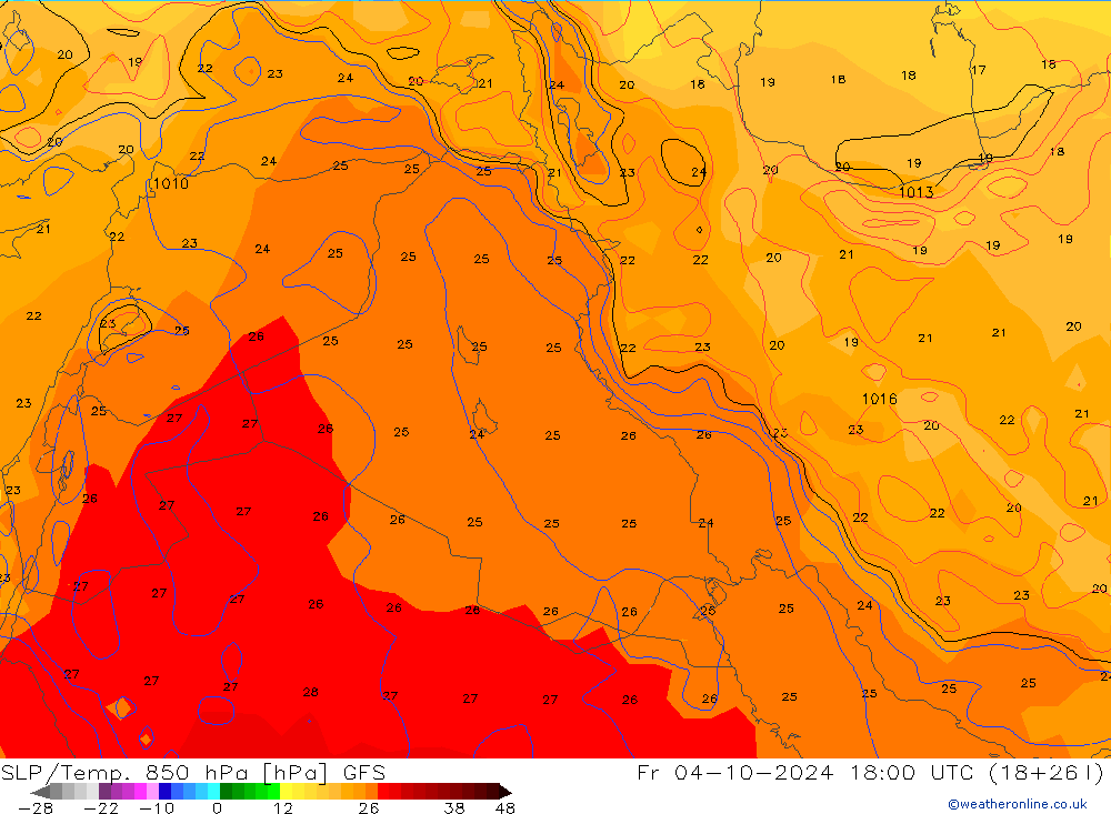 SLP/Temp. 850 hPa GFS Fr 04.10.2024 18 UTC