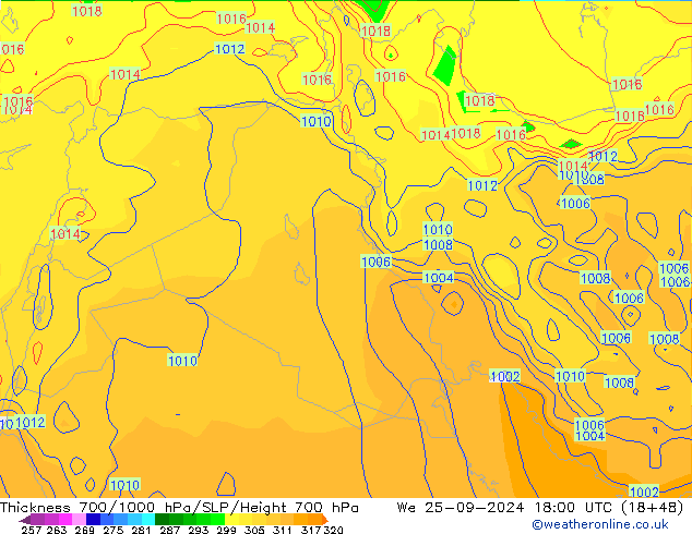 Thck 700-1000 hPa GFS We 25.09.2024 18 UTC