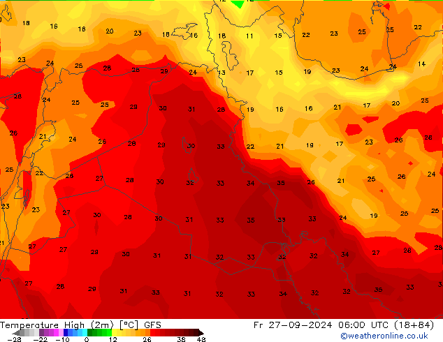 température 2m max GFS ven 27.09.2024 06 UTC