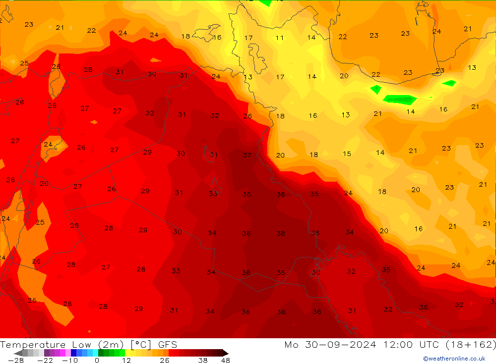 temperatura mín. (2m) GFS Seg 30.09.2024 12 UTC