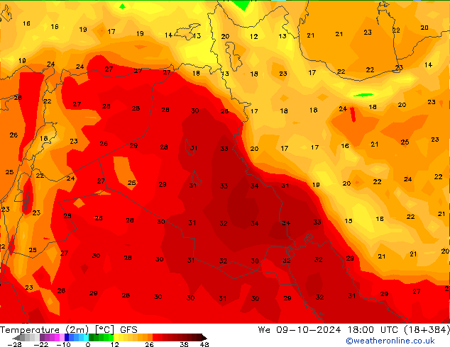 Sıcaklık Haritası (2m) GFS Çar 09.10.2024 18 UTC