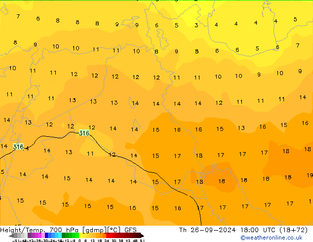 Height/Temp. 700 hPa GFS Čt 26.09.2024 18 UTC