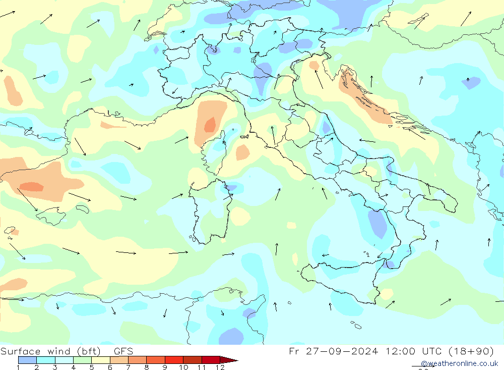 Surface wind (bft) GFS Fr 27.09.2024 12 UTC