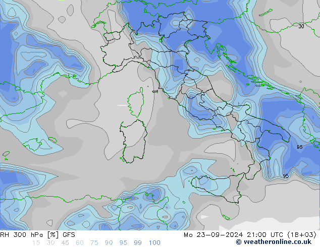 RH 300 hPa GFS Mo 23.09.2024 21 UTC