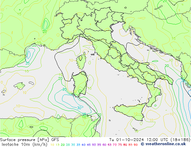 Isotachs (kph) GFS Tu 01.10.2024 12 UTC