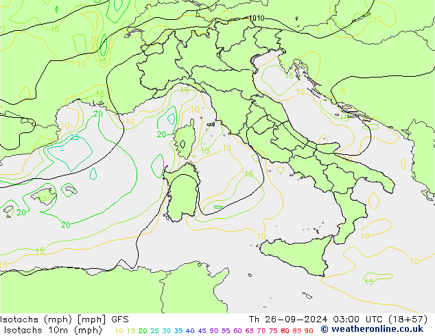 Izotacha (mph) GFS czw. 26.09.2024 03 UTC