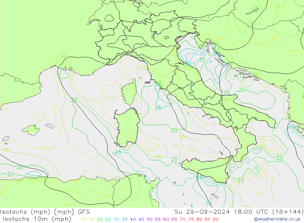 Isotachs (mph) GFS Вс 29.09.2024 18 UTC