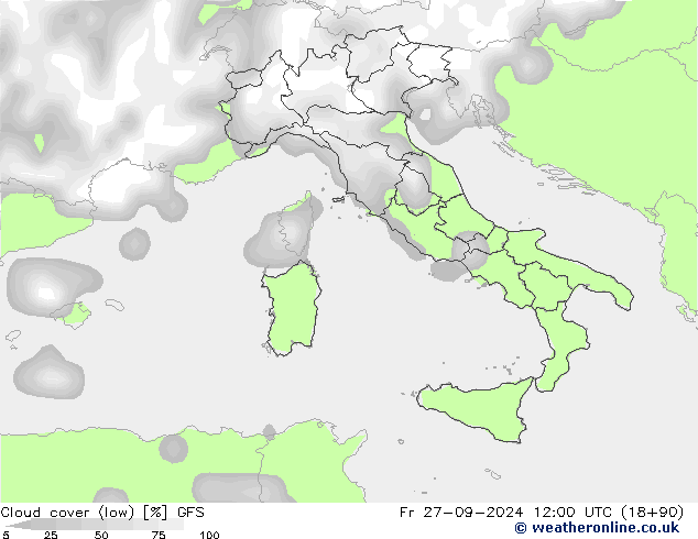 Cloud cover (low) GFS Fr 27.09.2024 12 UTC