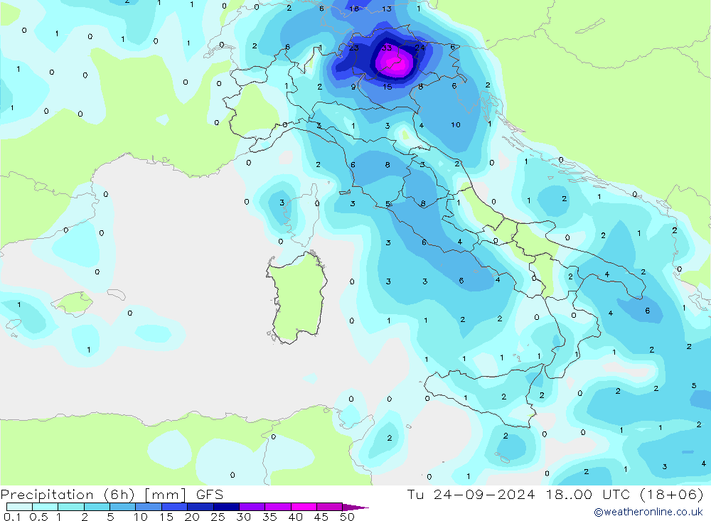 Precipitazione (6h) GFS mar 24.09.2024 00 UTC