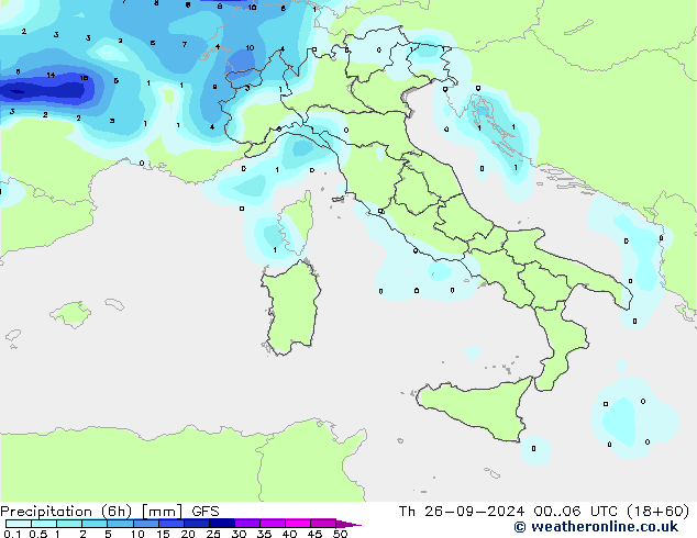 Precipitation (6h) GFS Th 26.09.2024 06 UTC