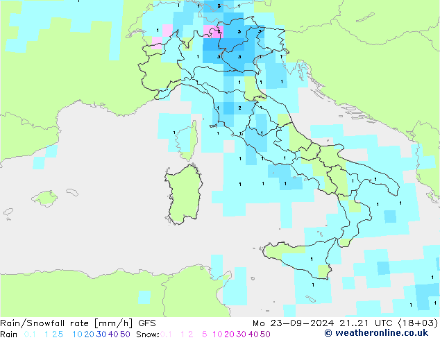 Rain/Snowfall rate GFS Po 23.09.2024 21 UTC