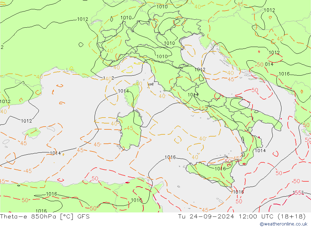 Theta-e 850hPa GFS Di 24.09.2024 12 UTC