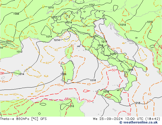 Theta-e 850hPa GFS We 25.09.2024 12 UTC