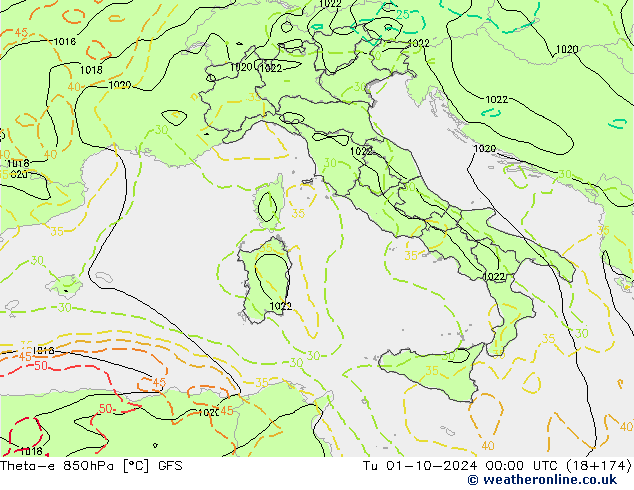 Theta-e 850hPa GFS Sa 01.10.2024 00 UTC