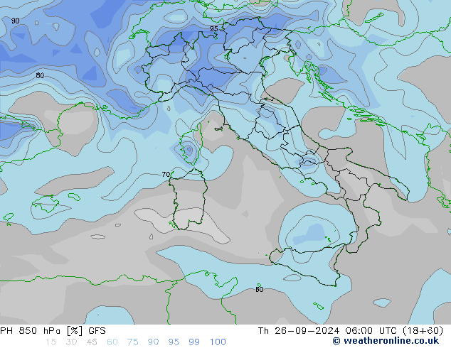 RH 850 hPa GFS czw. 26.09.2024 06 UTC