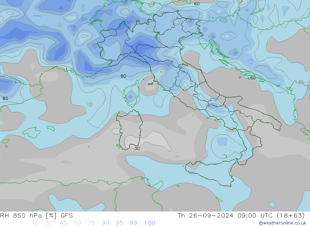 RH 850 hPa GFS Čt 26.09.2024 09 UTC