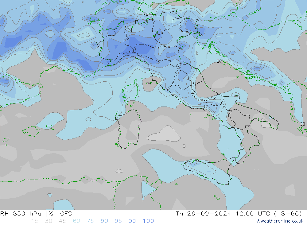 Humedad rel. 850hPa GFS jue 26.09.2024 12 UTC