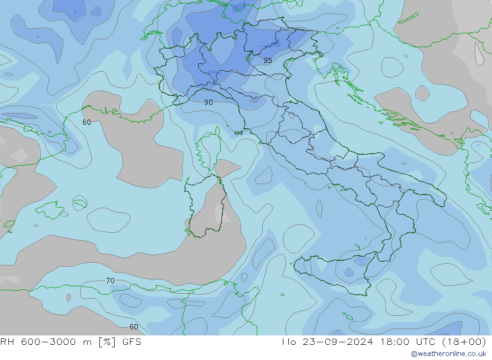 RH 600-3000 m GFS Mo 23.09.2024 18 UTC