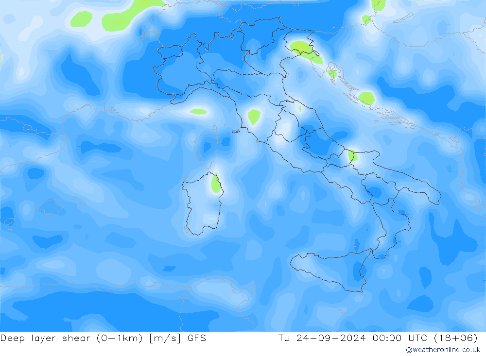 Deep layer shear (0-1km) GFS Ter 24.09.2024 00 UTC