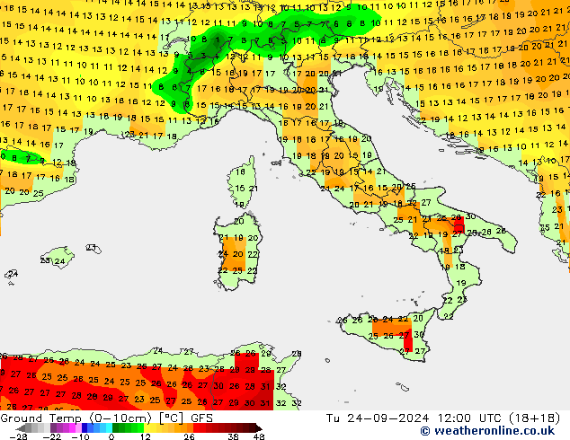 temp. mín./solo (0-10cm) GFS Ter 24.09.2024 12 UTC