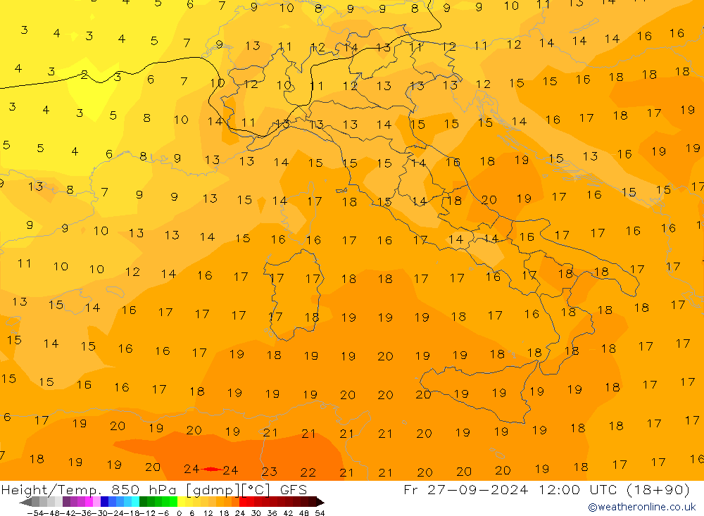 Height/Temp. 850 hPa GFS Fr 27.09.2024 12 UTC