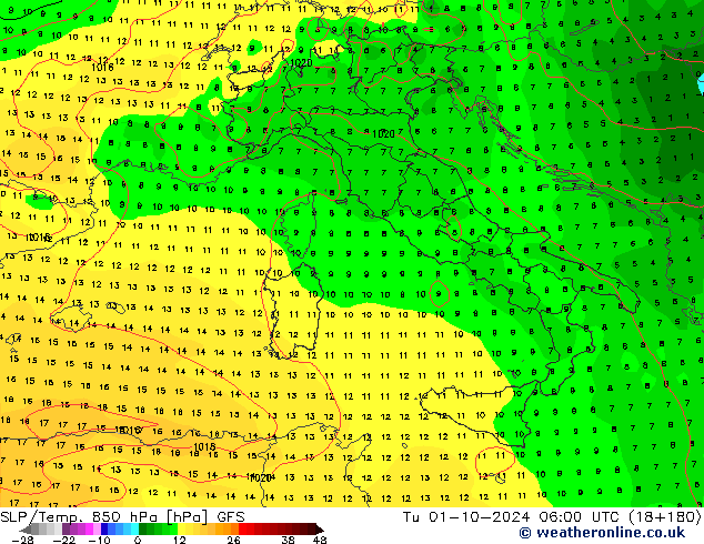 SLP/Temp. 850 hPa GFS  01.10.2024 06 UTC